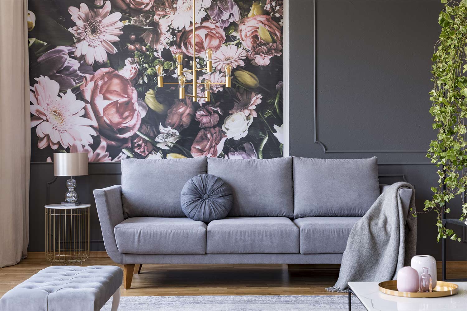 floral wallpaper grey living room