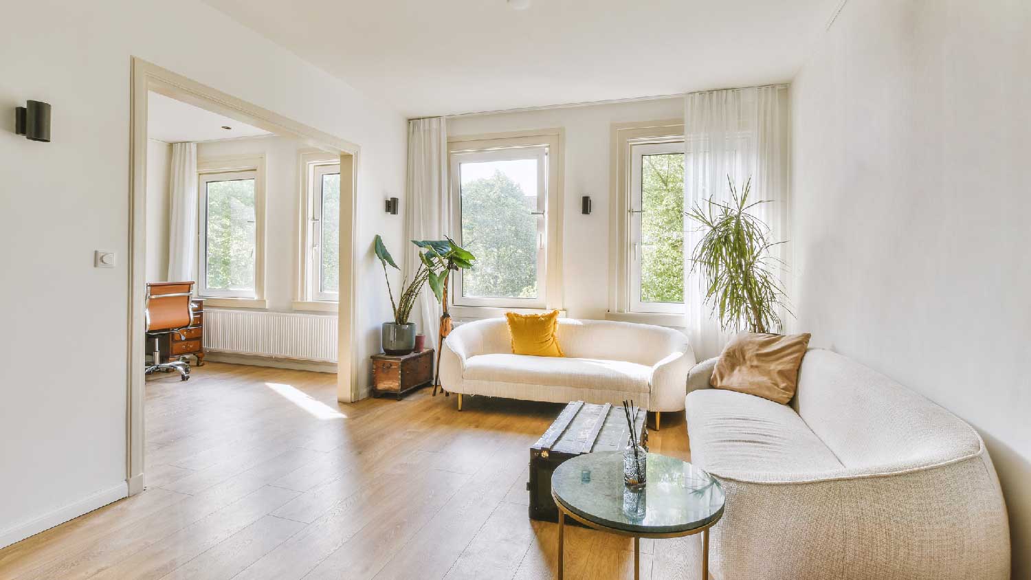 A living room with impact windows