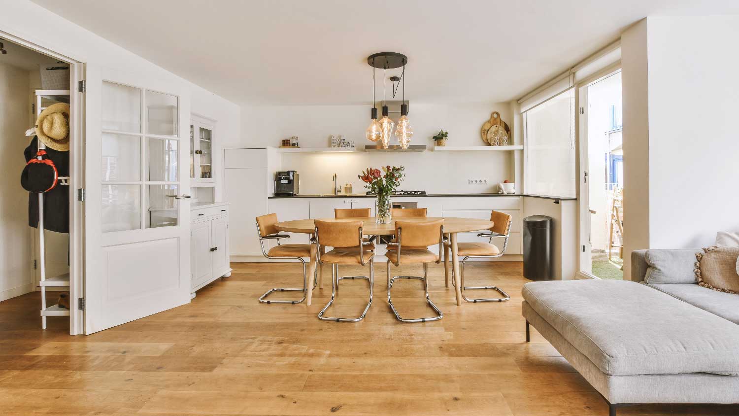 A living room with laminate flooring