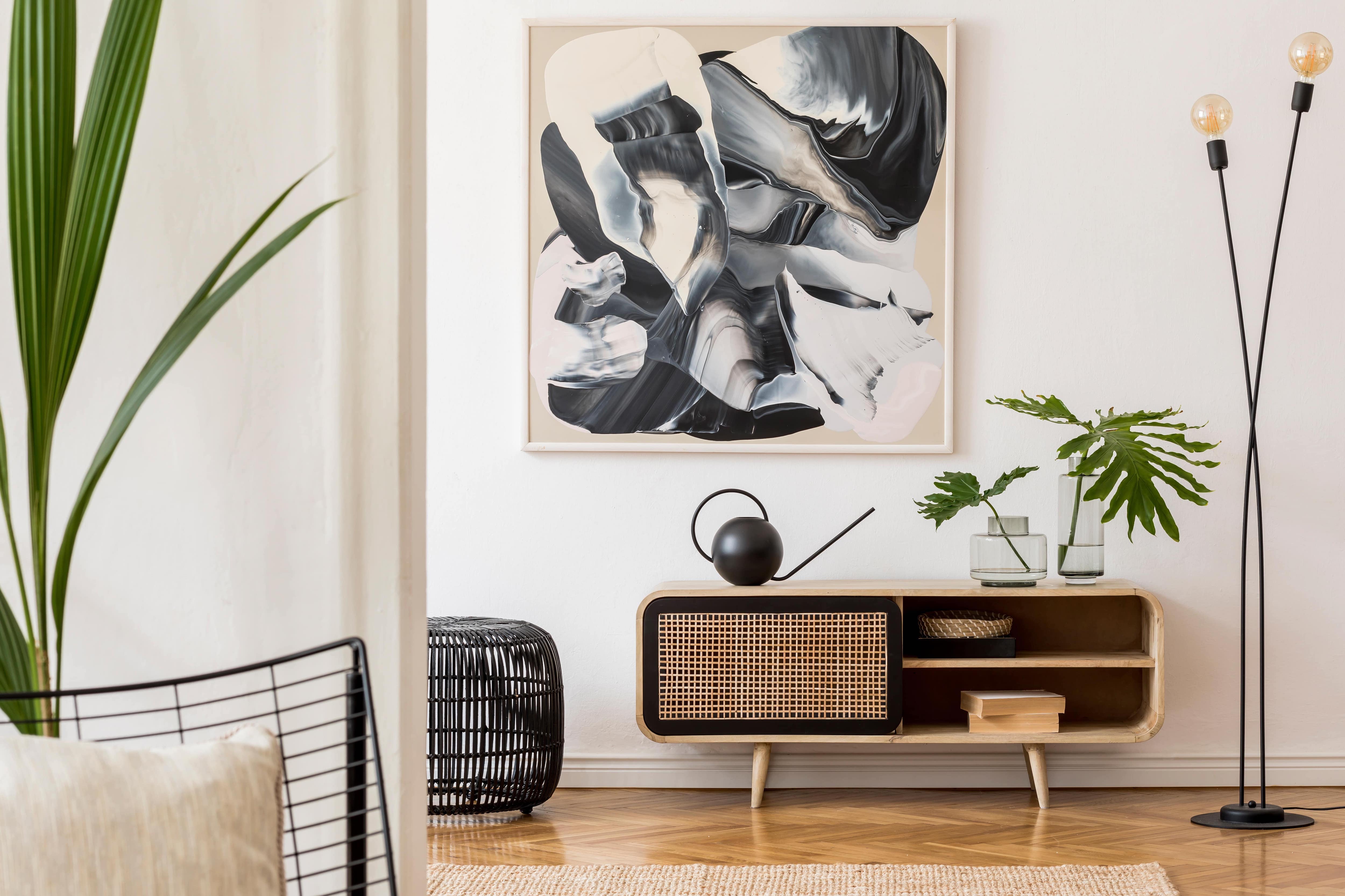 A living room space with neutral decor