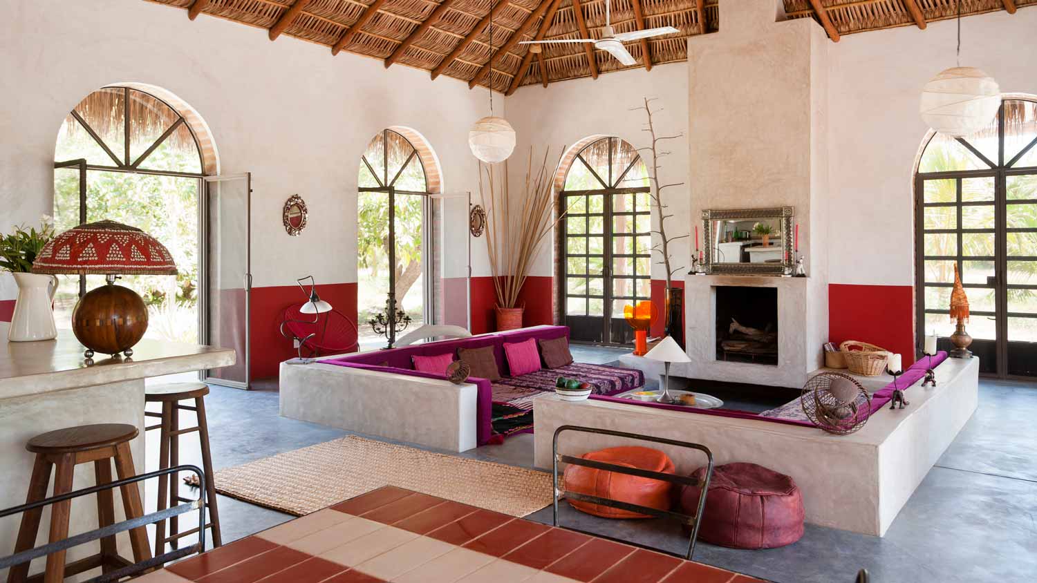 A living room with trowled concrete floor