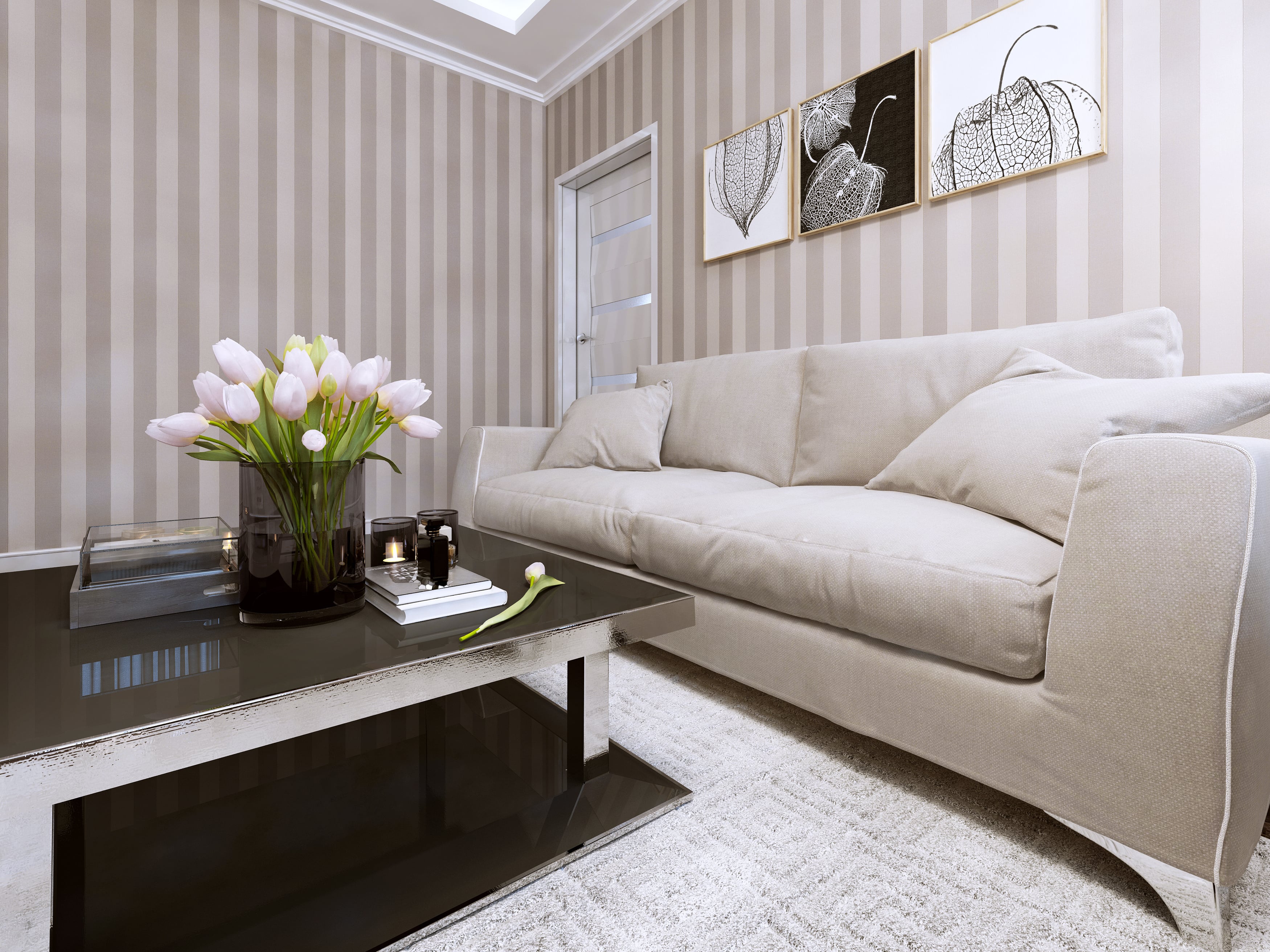 A neutral colored living room with vertical stripe wallpaper