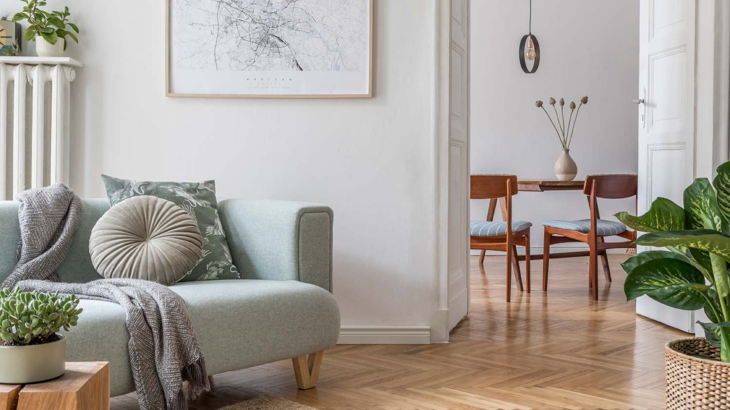 living room entryway with couch and plant