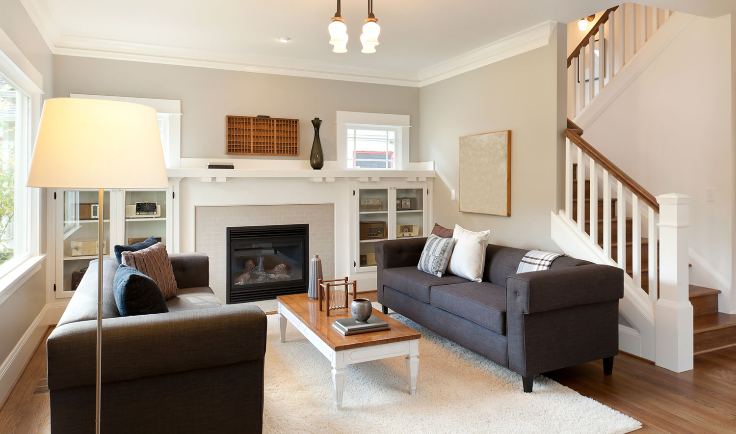 Nice living room with fireplace in beautiful house.