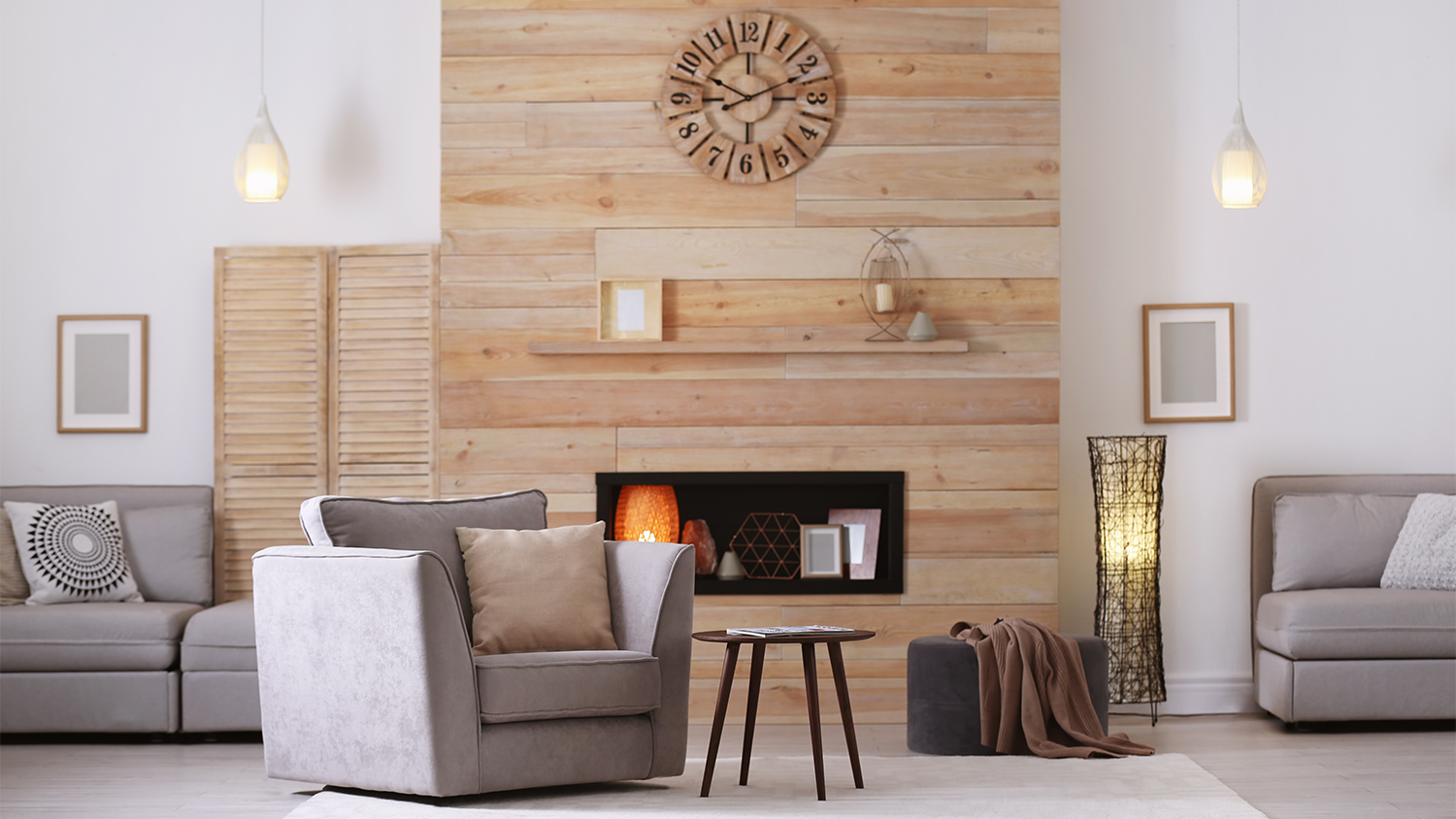 cozy living room with wood wall