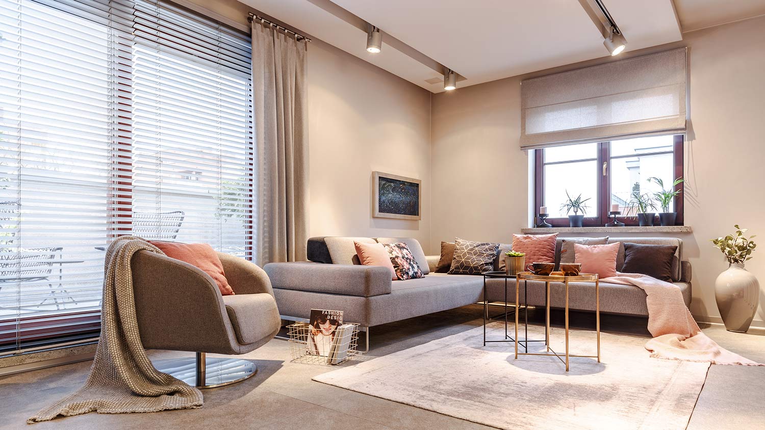 Living room with blinds and curtains