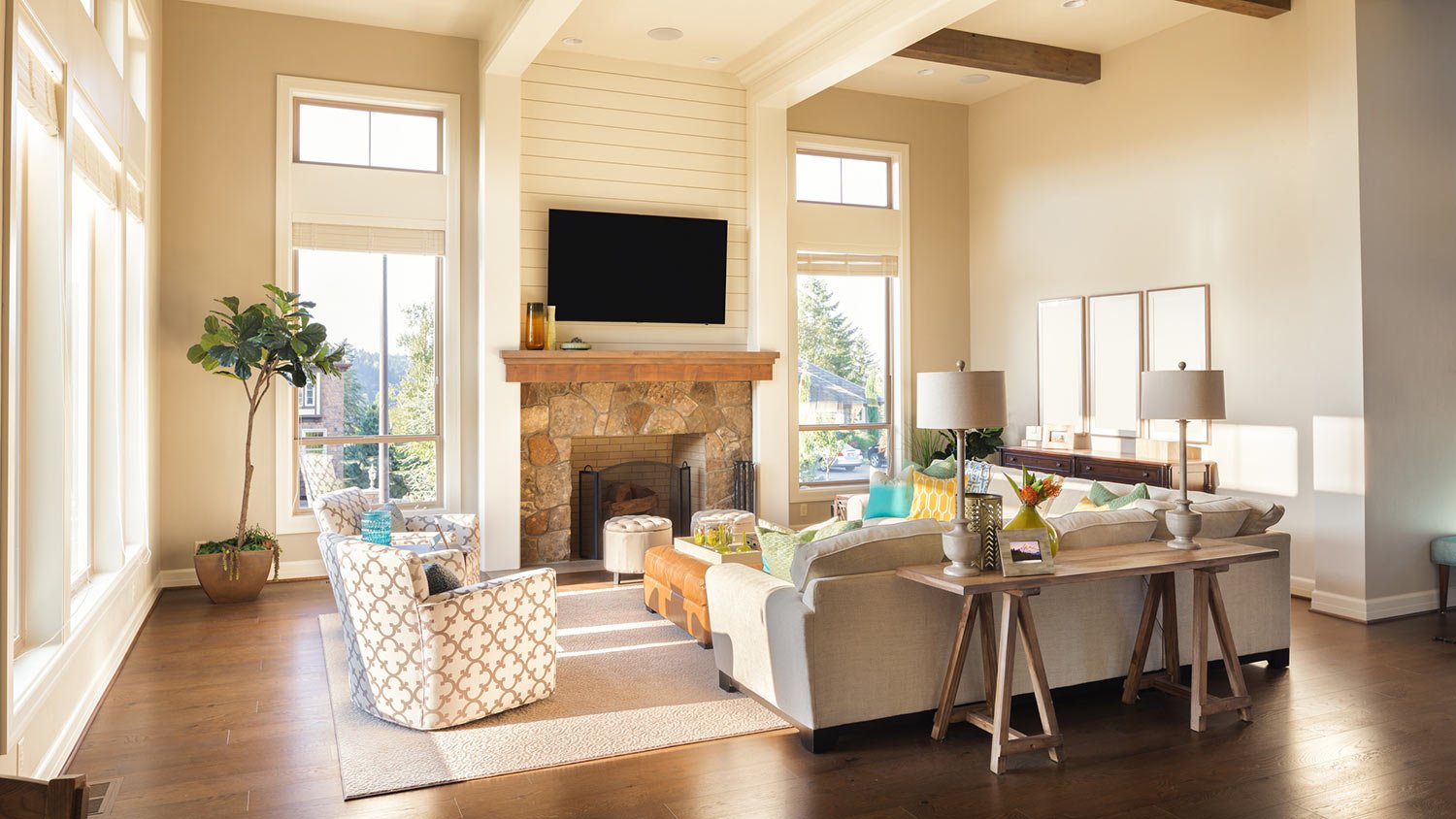 Living room with wood beams