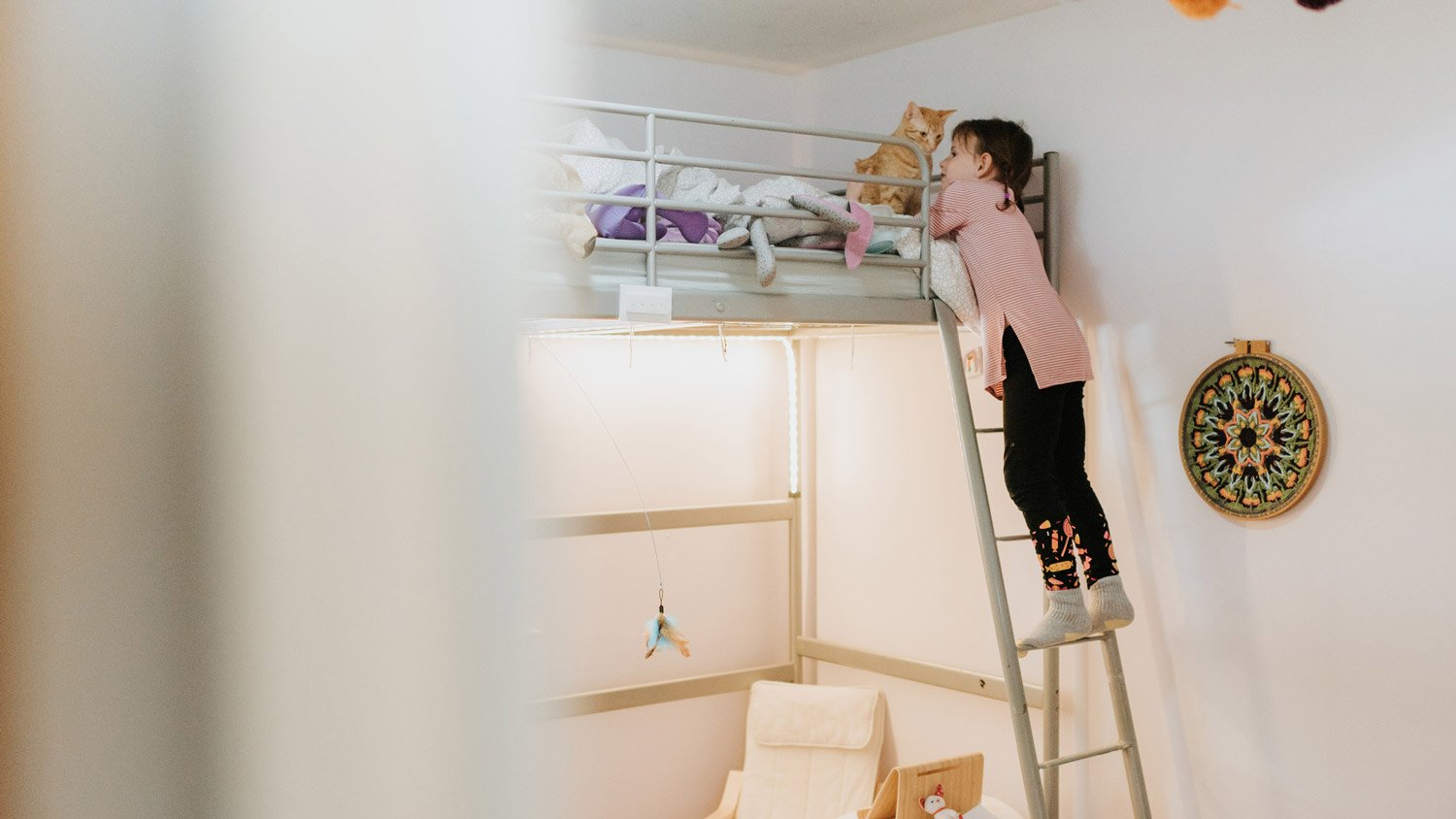 A girl playing with a cat on a loft bed