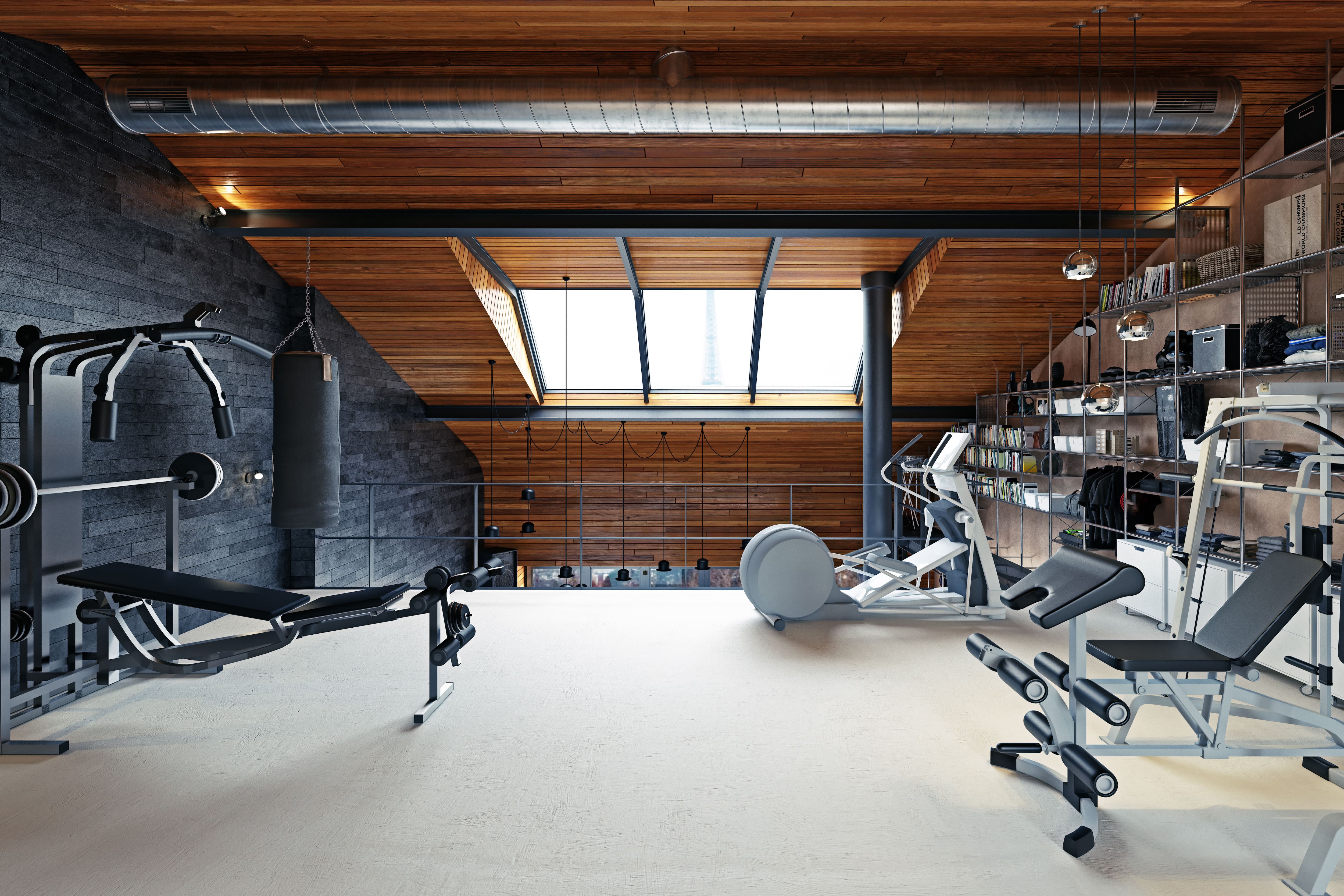 A home gym on a second-floor loft