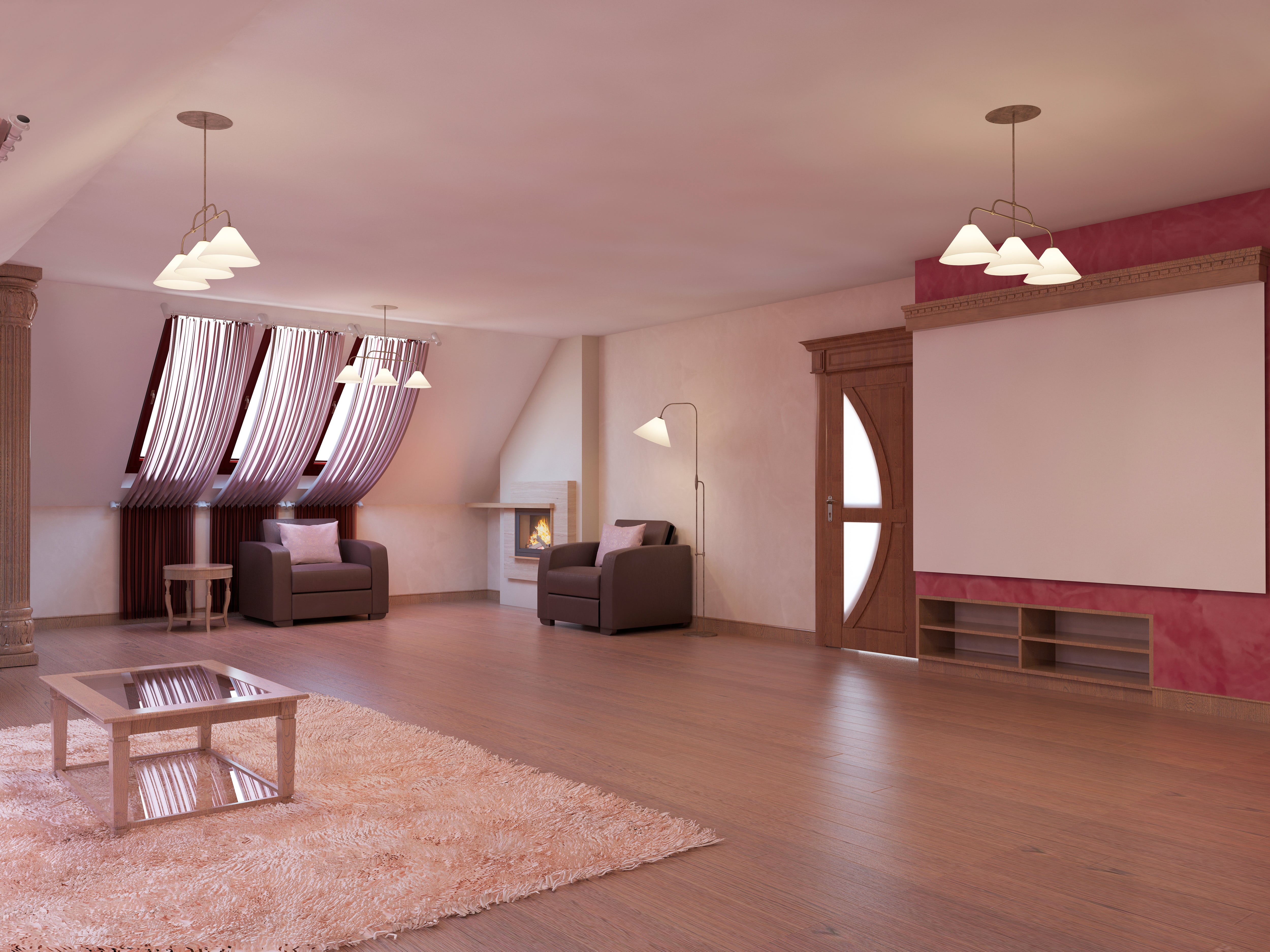 A home theater within a loft style attic