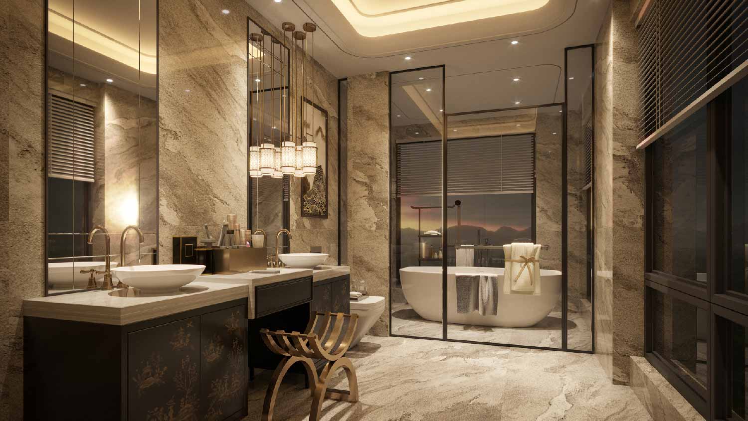 A luxurious bathroom with warm lights