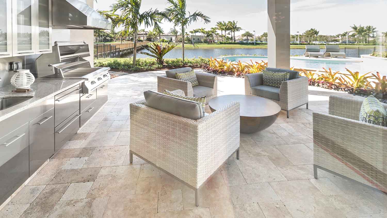 Luxury outdoor kitchen with stone flooring