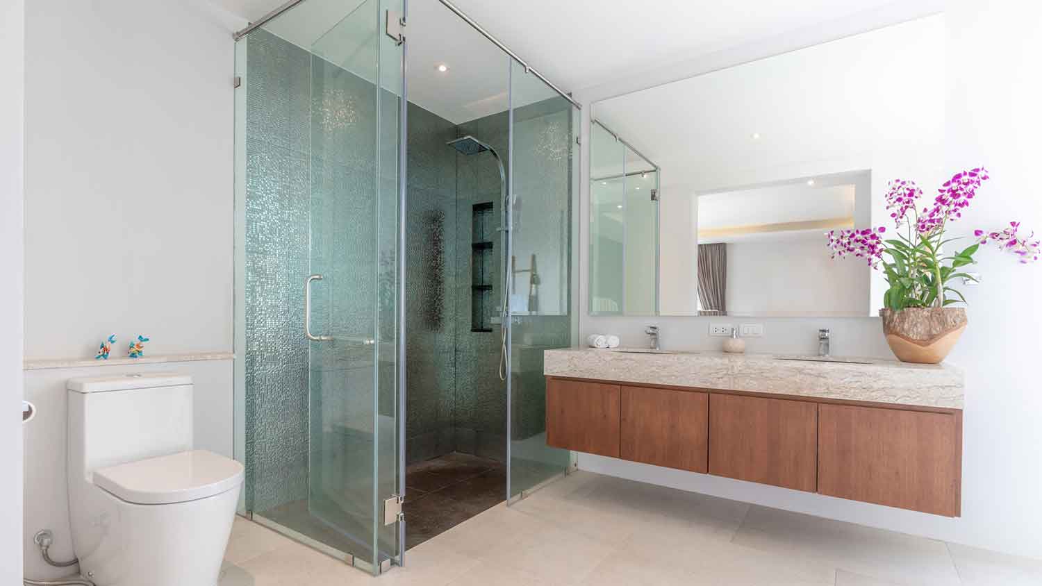 Walk-in shower with mosaic tile wall