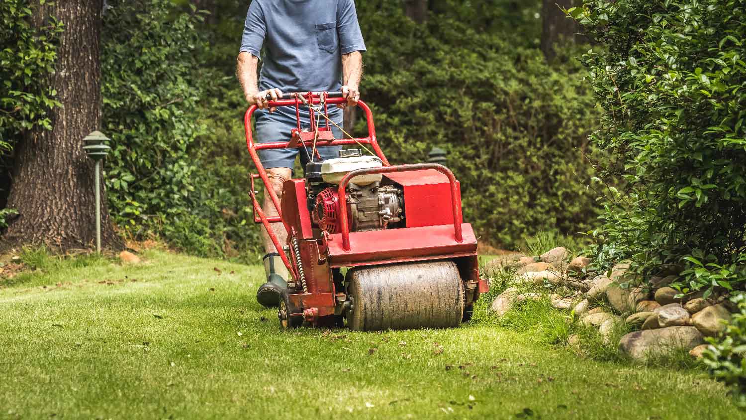 A man aerating the lawn
