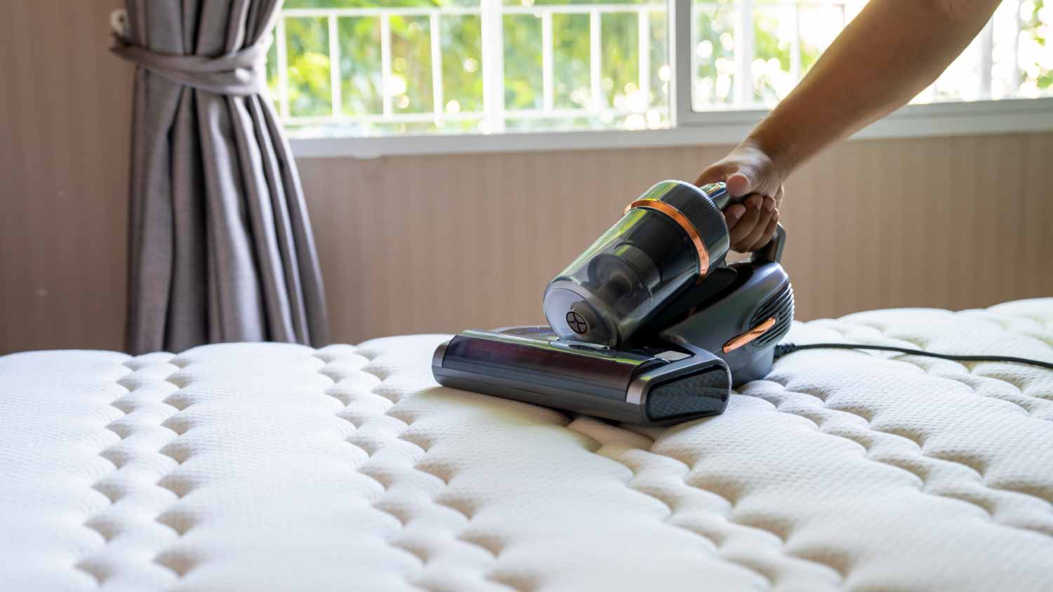 man cleaning mattress with vacuum cleaner