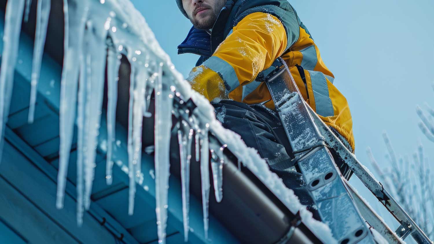 A man clearing ice dams from a roof