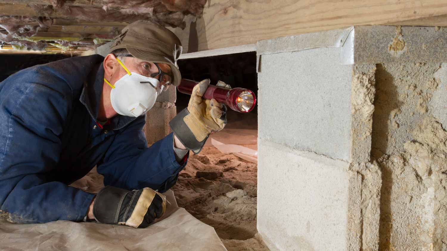 A man inspecting a house’s foundation for termites