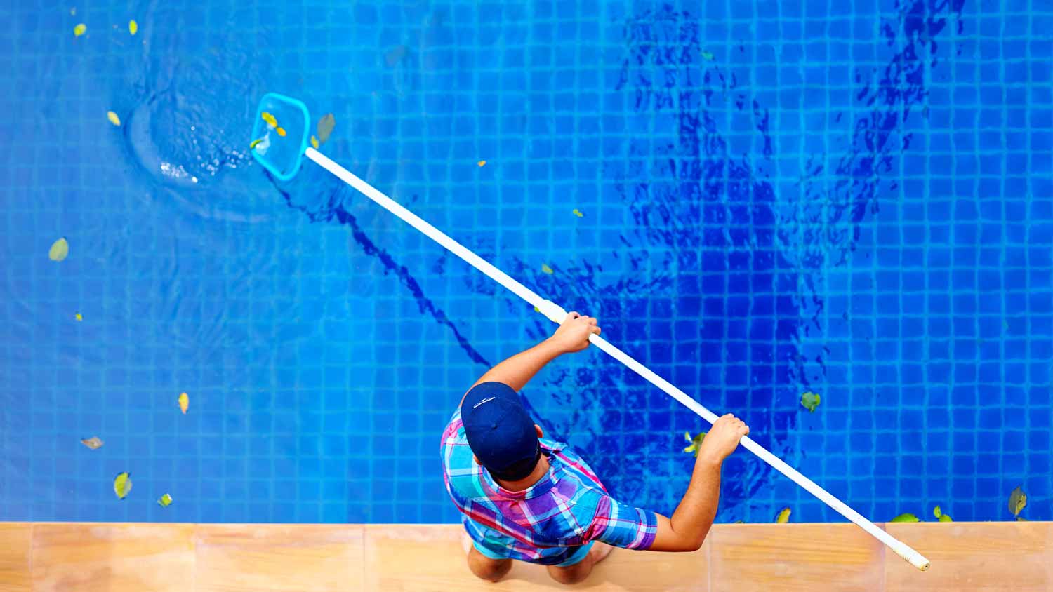 A man skimming a pool from leaves