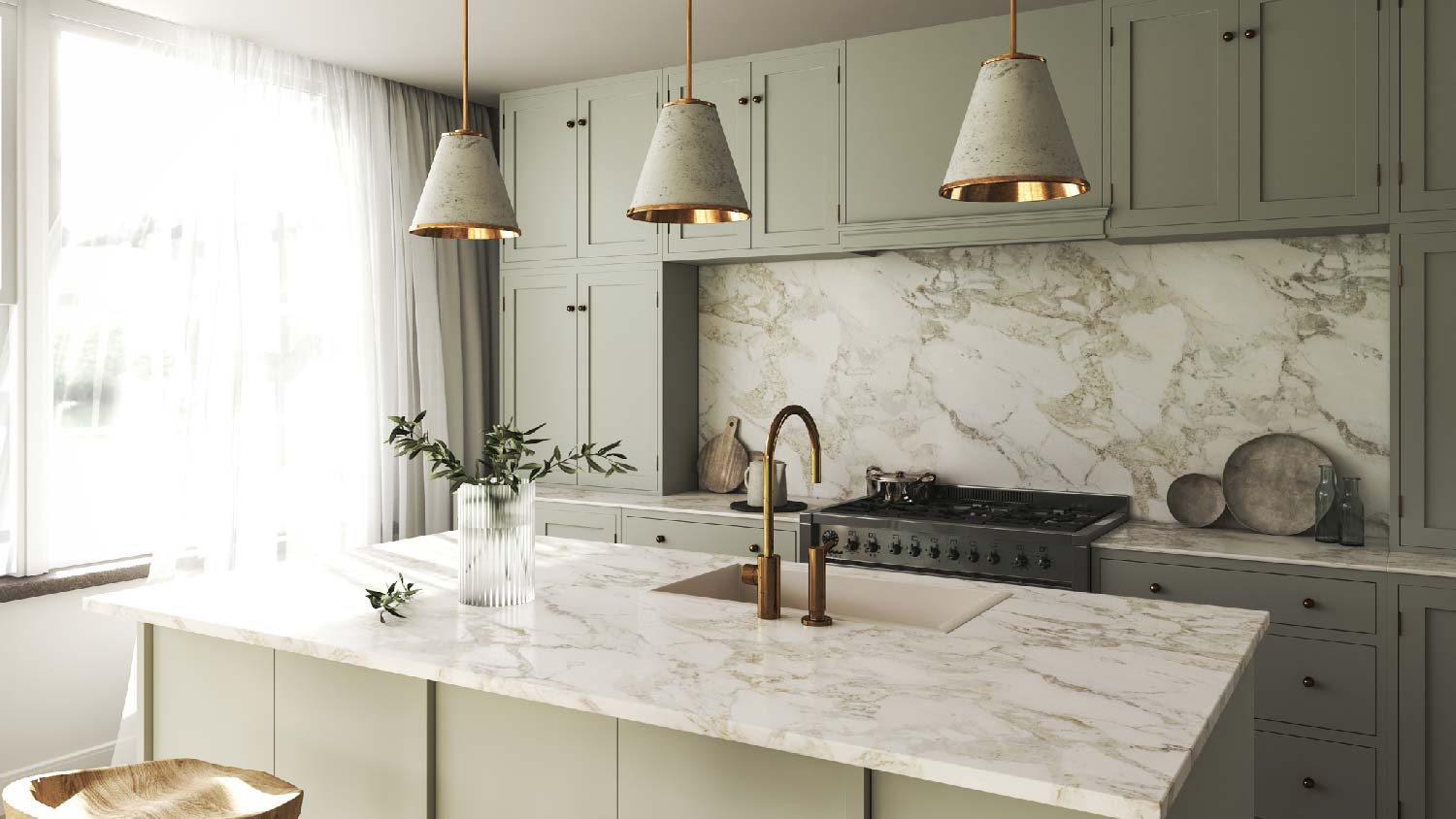 A kitchen with marble countertop