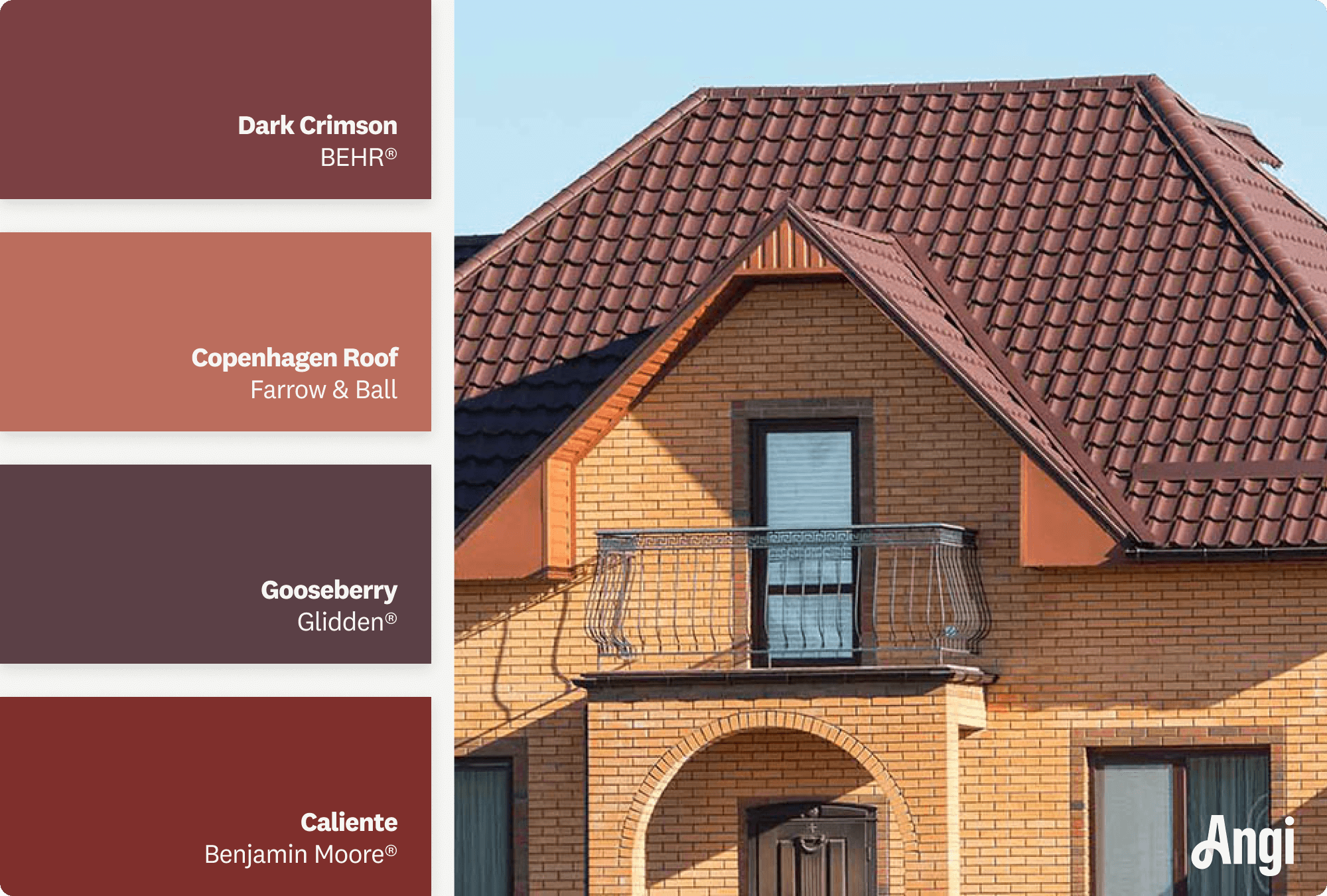 Maroon metal roof on a brick house, including different tones of maroon paint