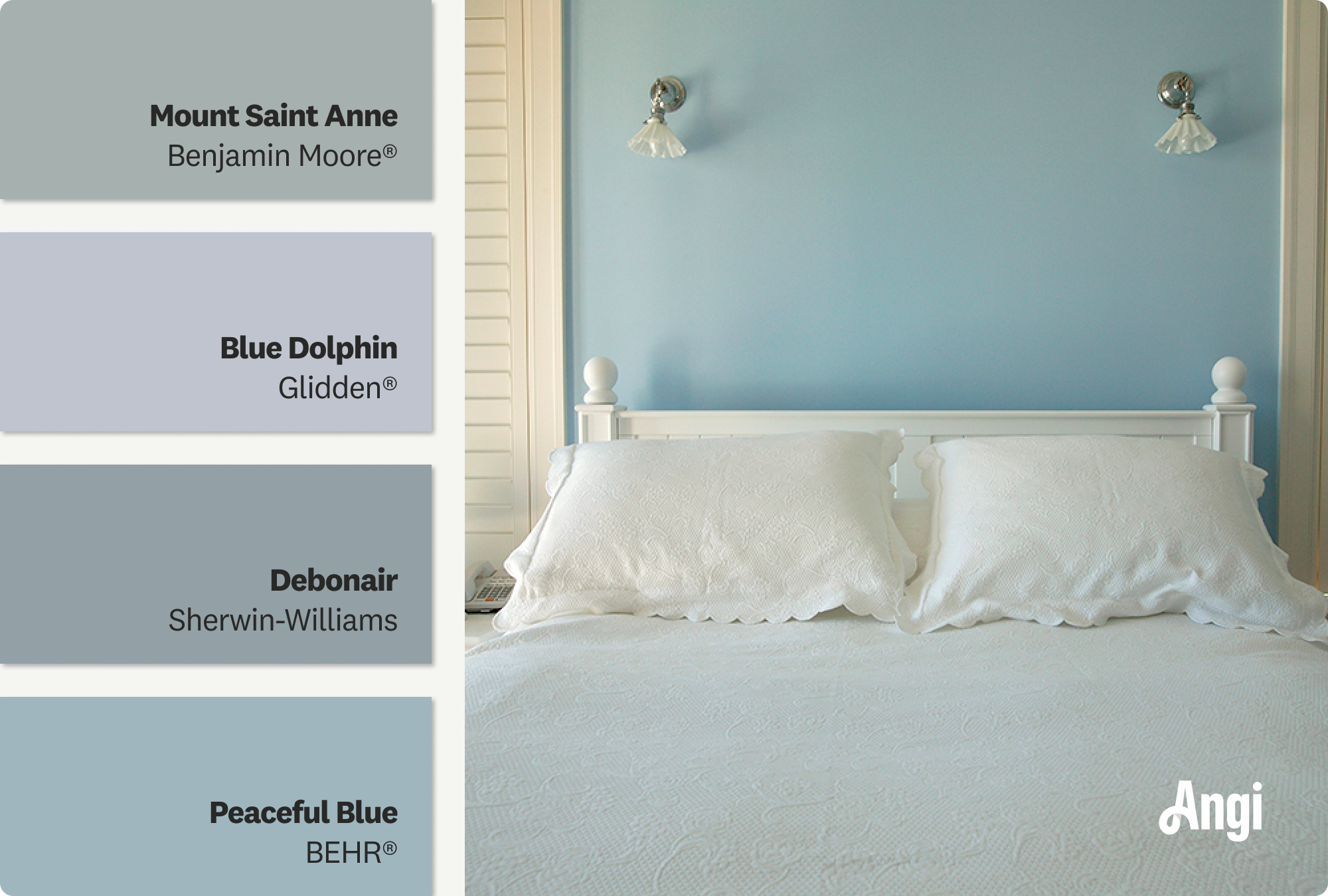 A bed with fresh white linens sits in a room with blue walls, including medium tone blue paint swatches