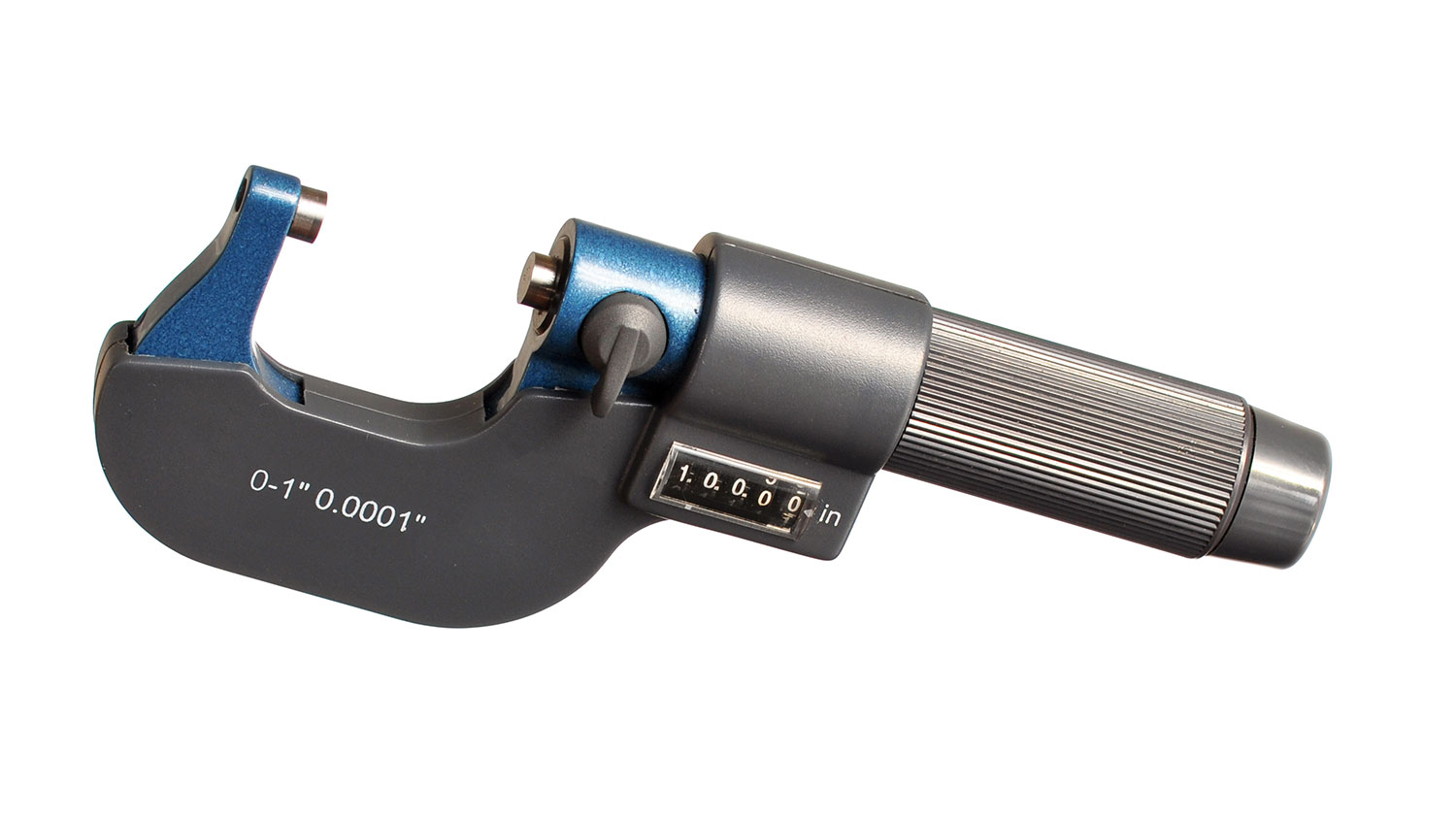 Blue and gray inch micrometer on a white background