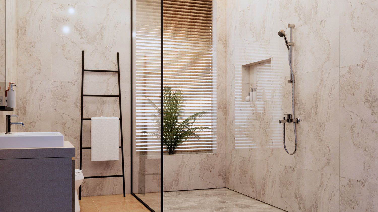 A minimal bathroom with natural lighting and plants