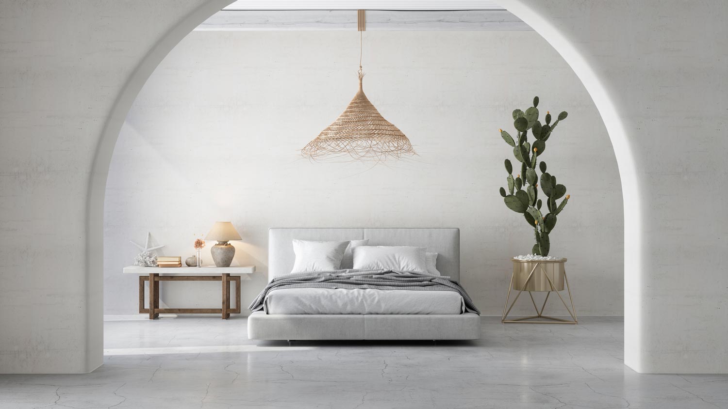 A minimal bedroom with polishing concrete flooring