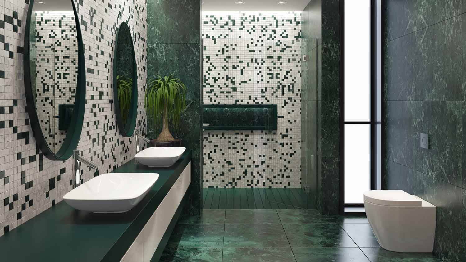 A minimalist bathroom with white and green mosaic tiles