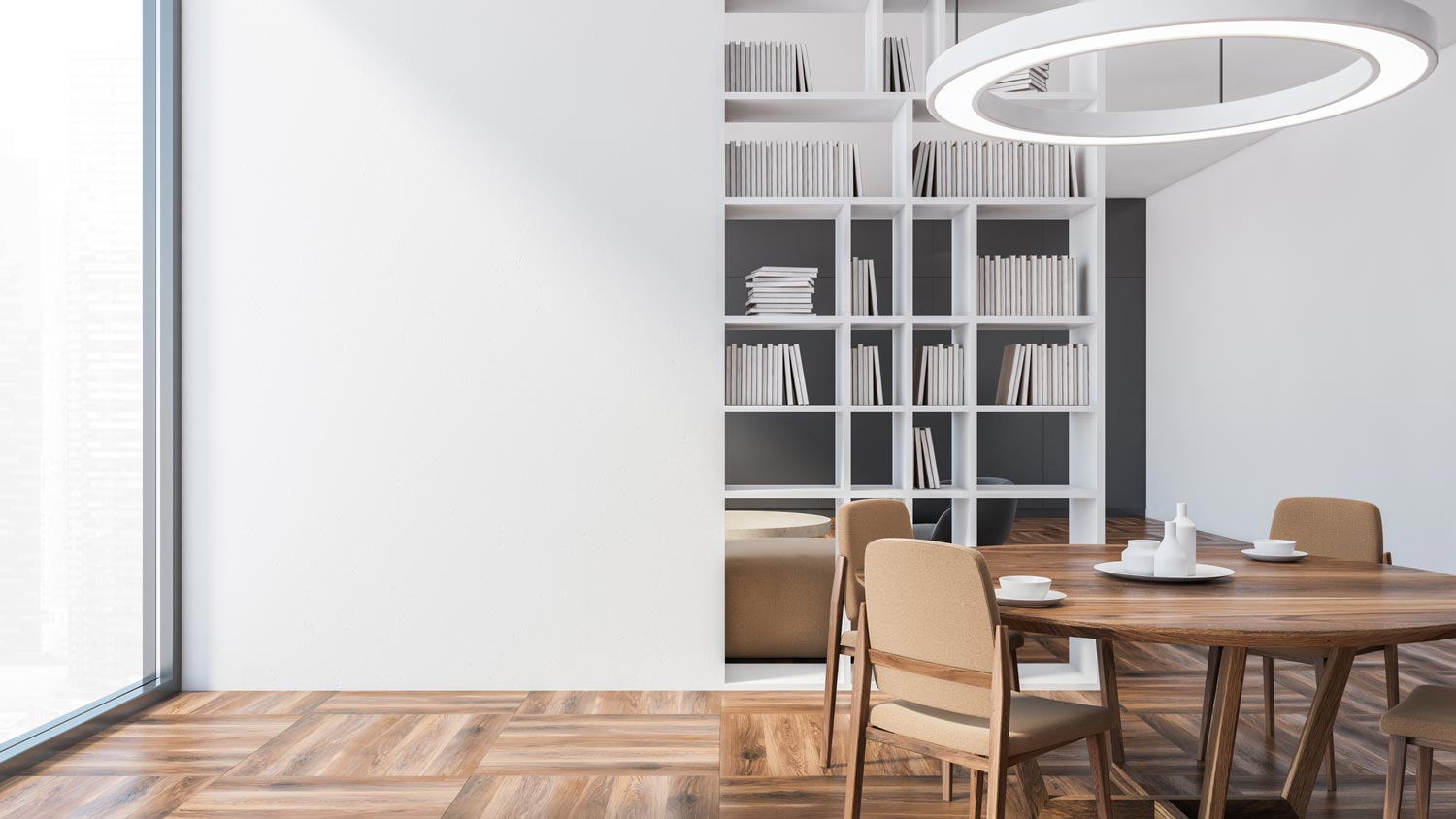 A minimalist space with a bookshelf and a big window