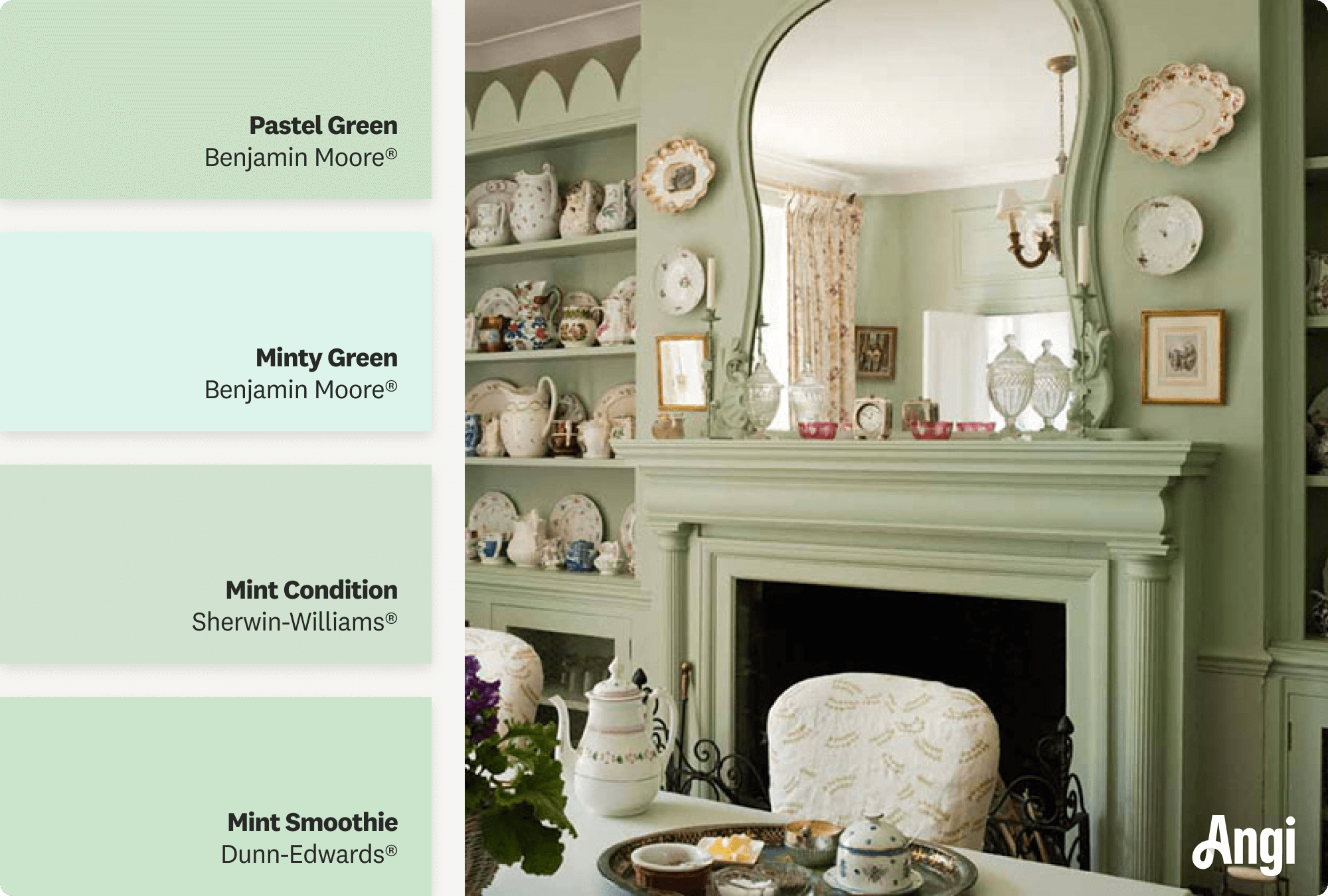 Dining room with white fireplace, including different tones of mint green paint