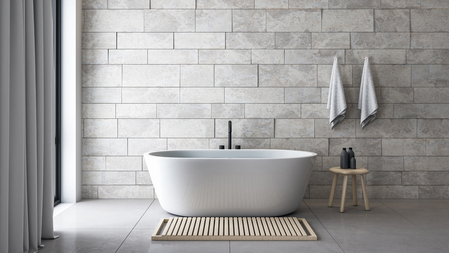 A modern minimalistic space with a soaker tub