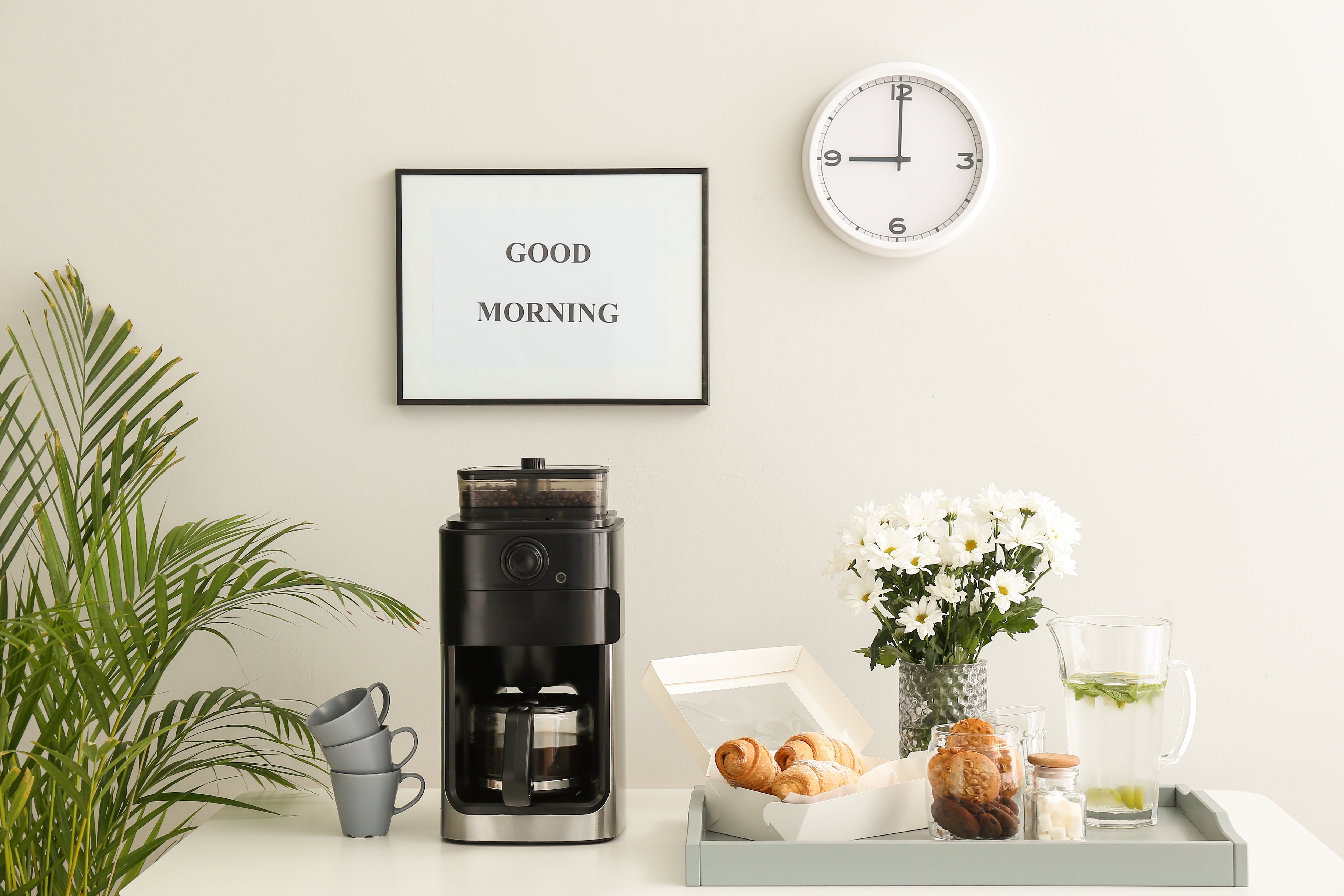 Coffee bar with flowers and tray 