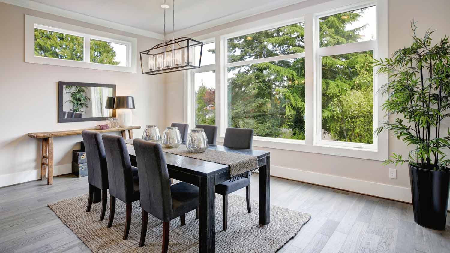 modern dining room with chandelier