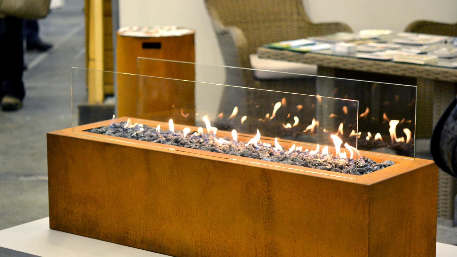 A modern fireplace burning ethanol gas