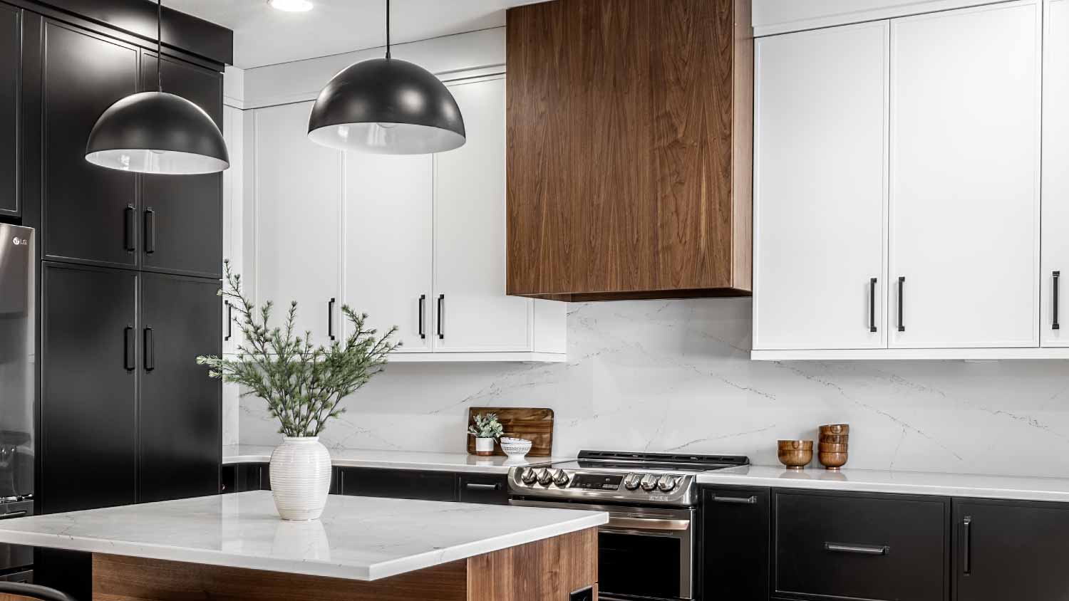 Modern kitchen with black and white cabinets 