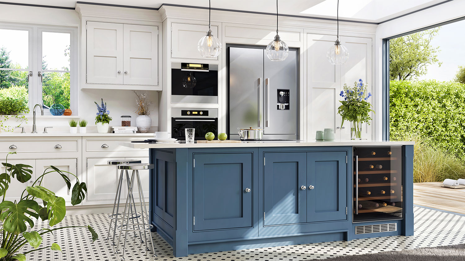 Modern kitchen with blue inset cabinets