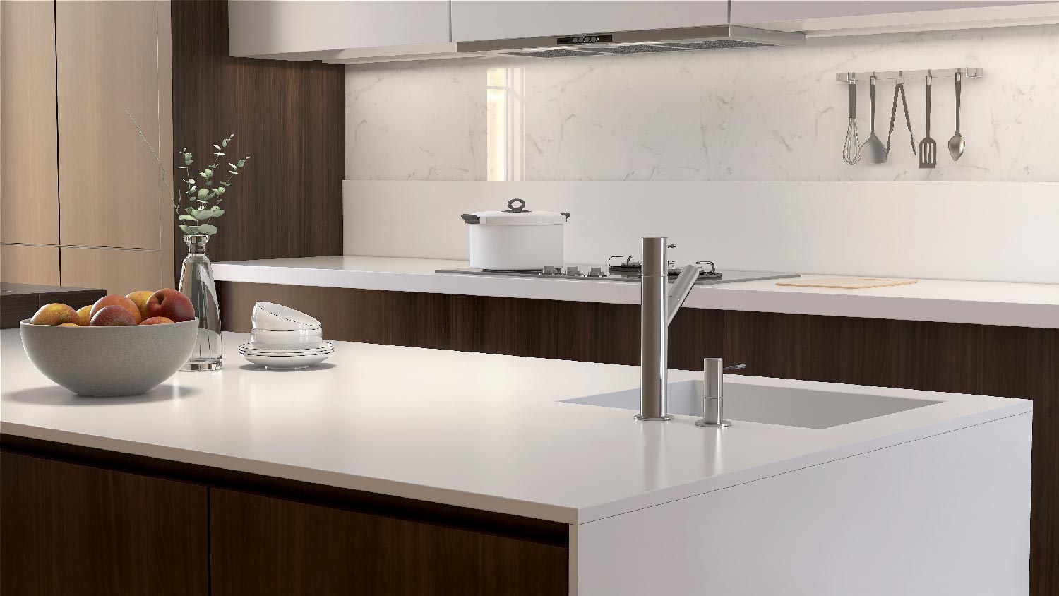 A modern kitchen with a solid surface kitchen