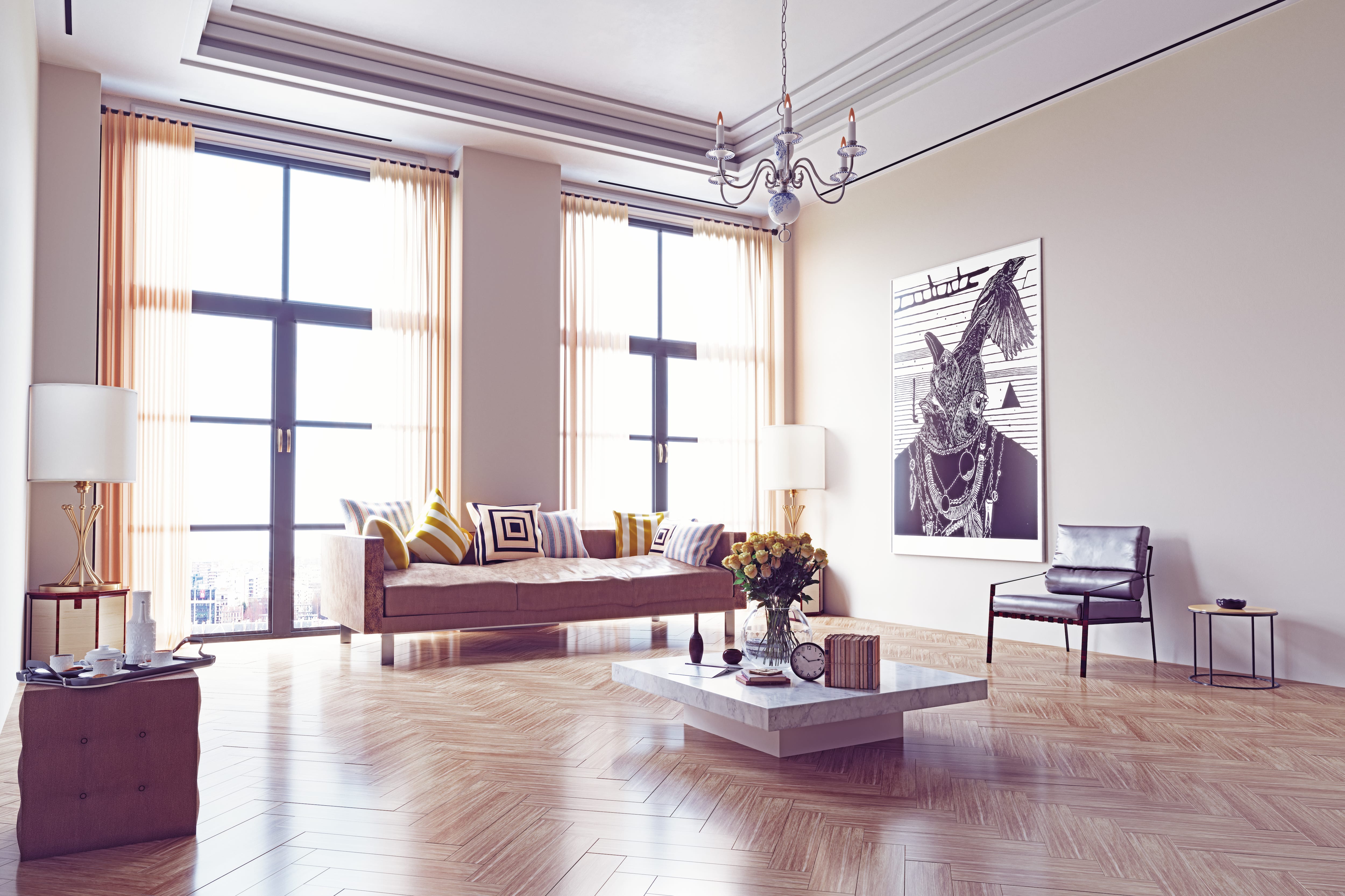 A living room with a black and white painting and Art Deco influences