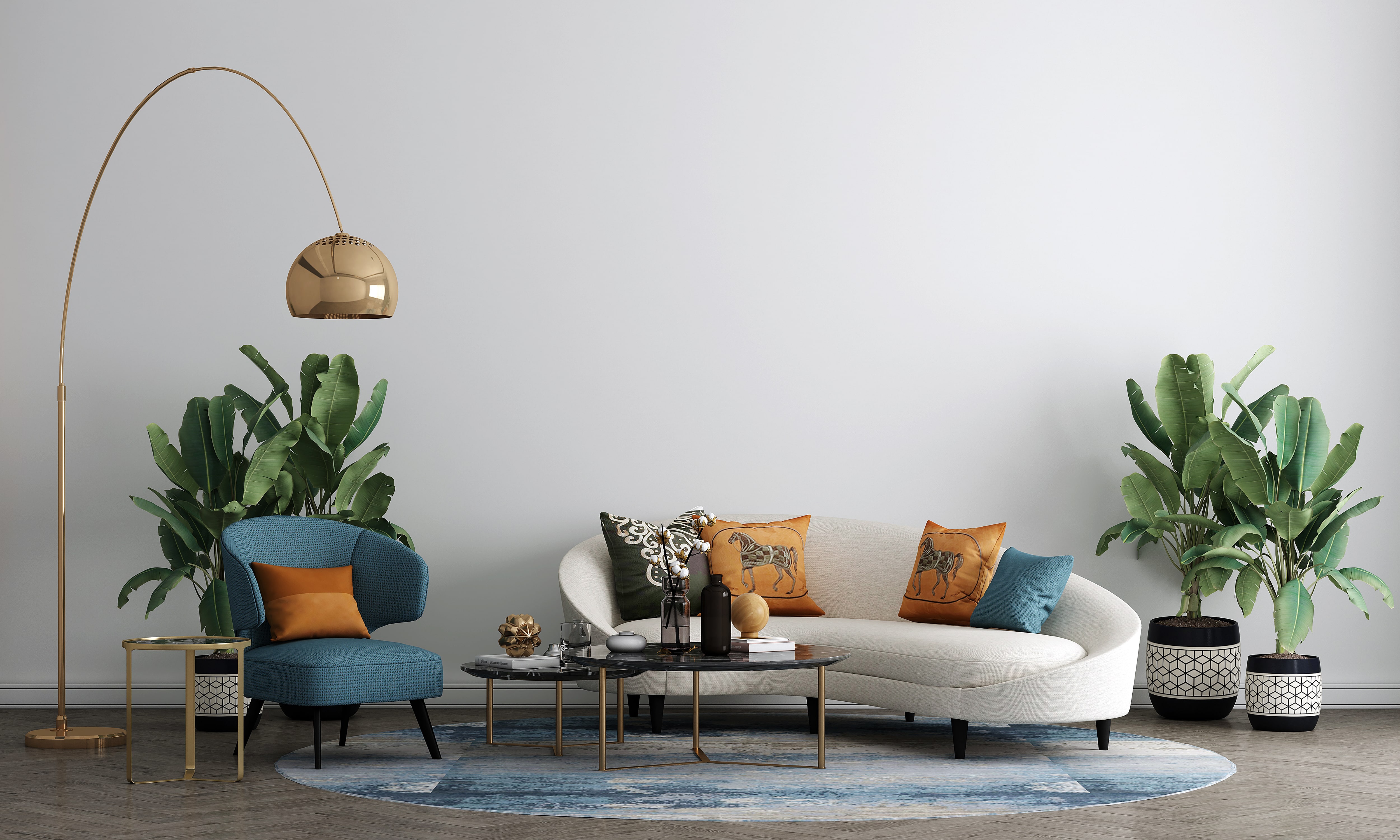 A Mid-Century Modern living room with blue and gold accents