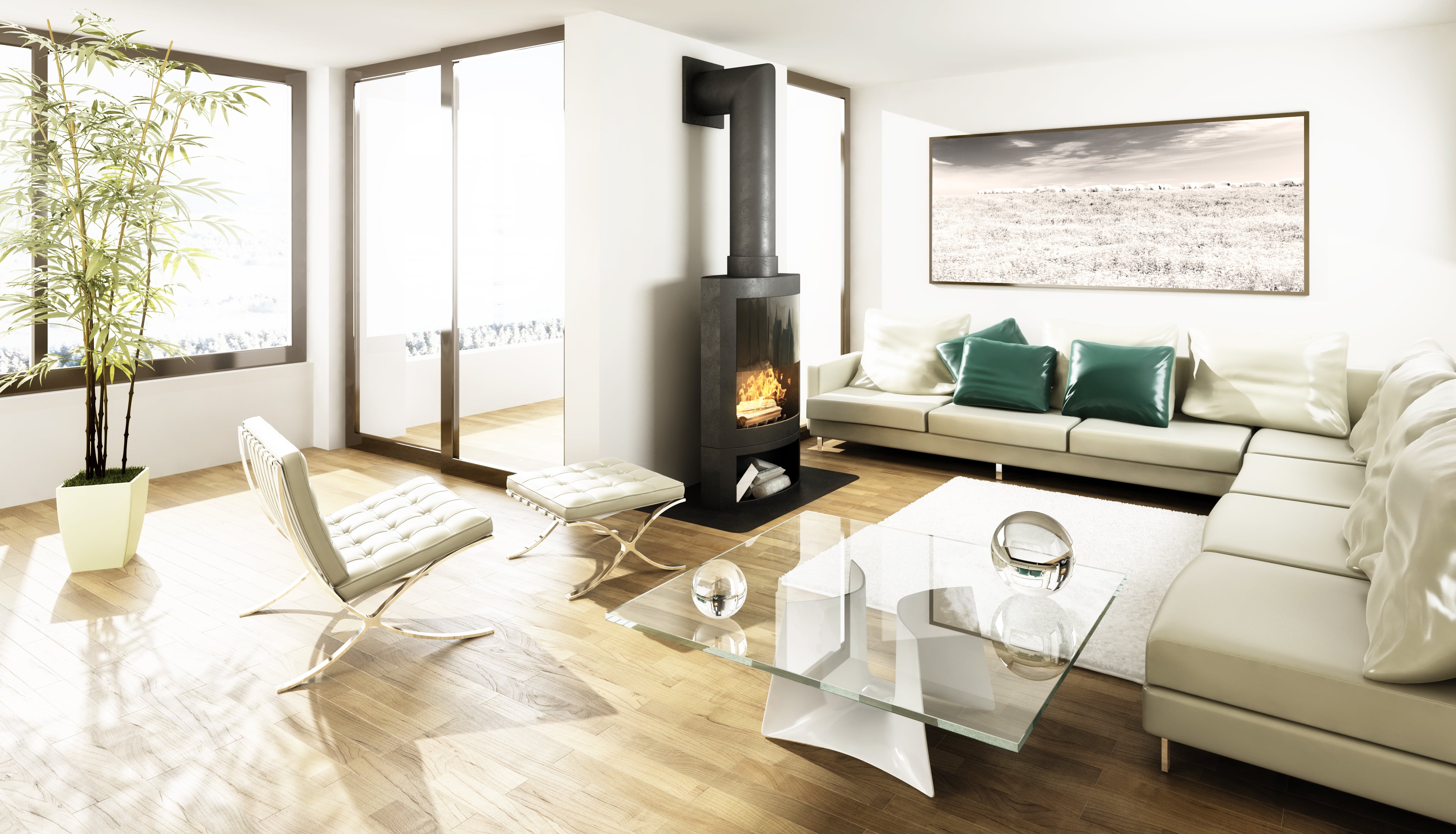 A modern living room with white furniture and a retro fireplace