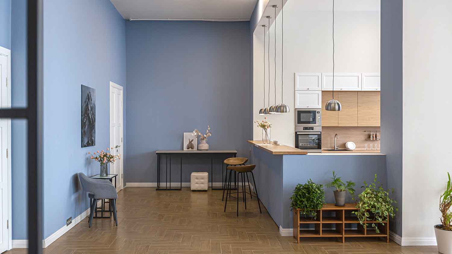 Modern apartment interior with blue plastered walls