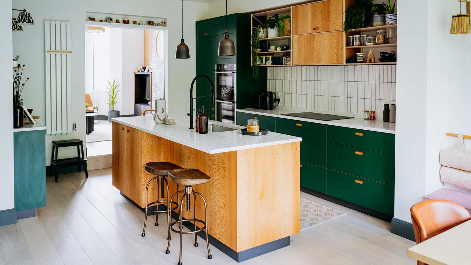 A modern open-plan kitchen with an island