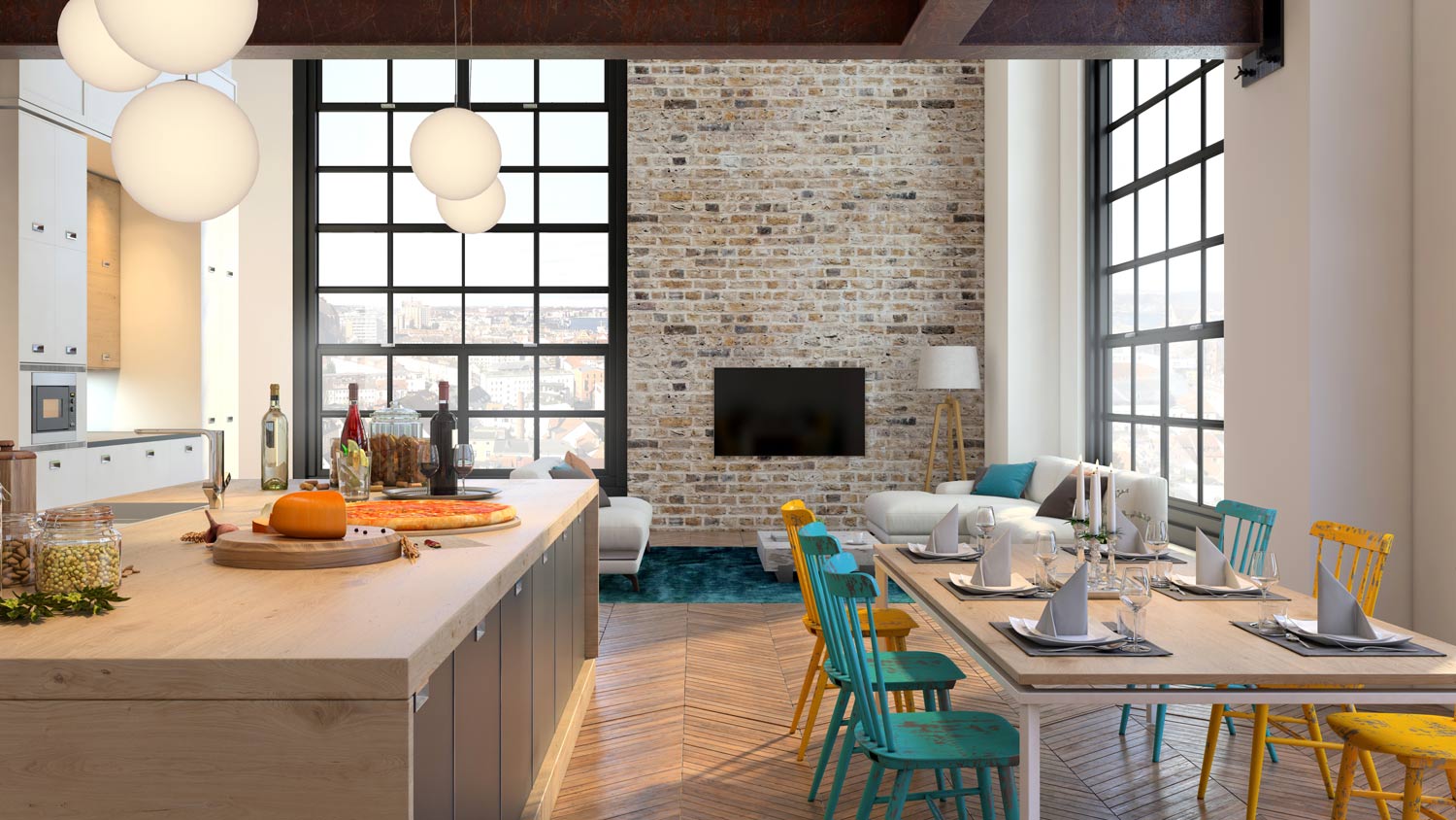 A modern open-space house with a brick wall in the living room