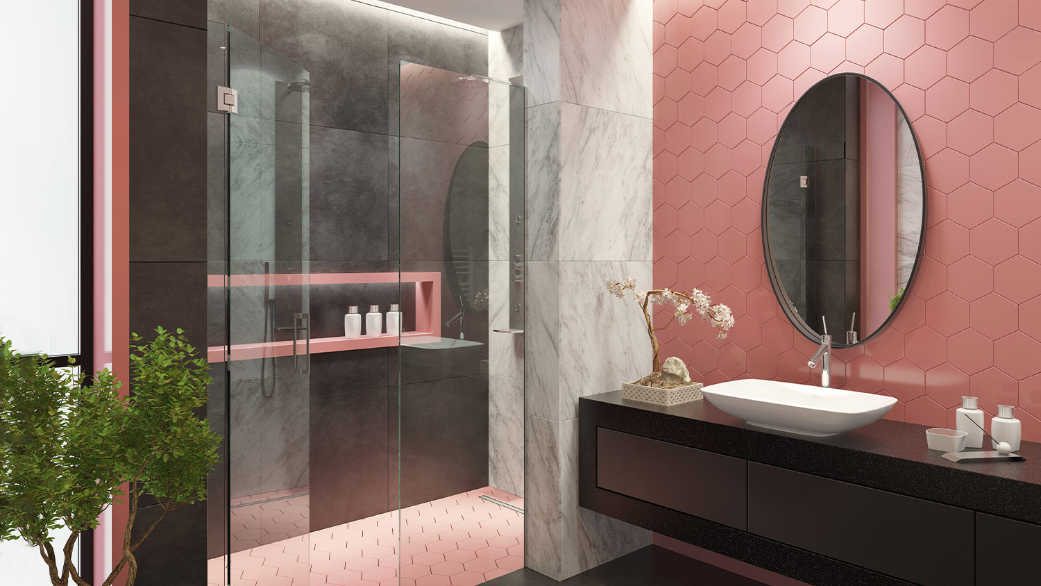 modern pink bathroom with black accents and shower