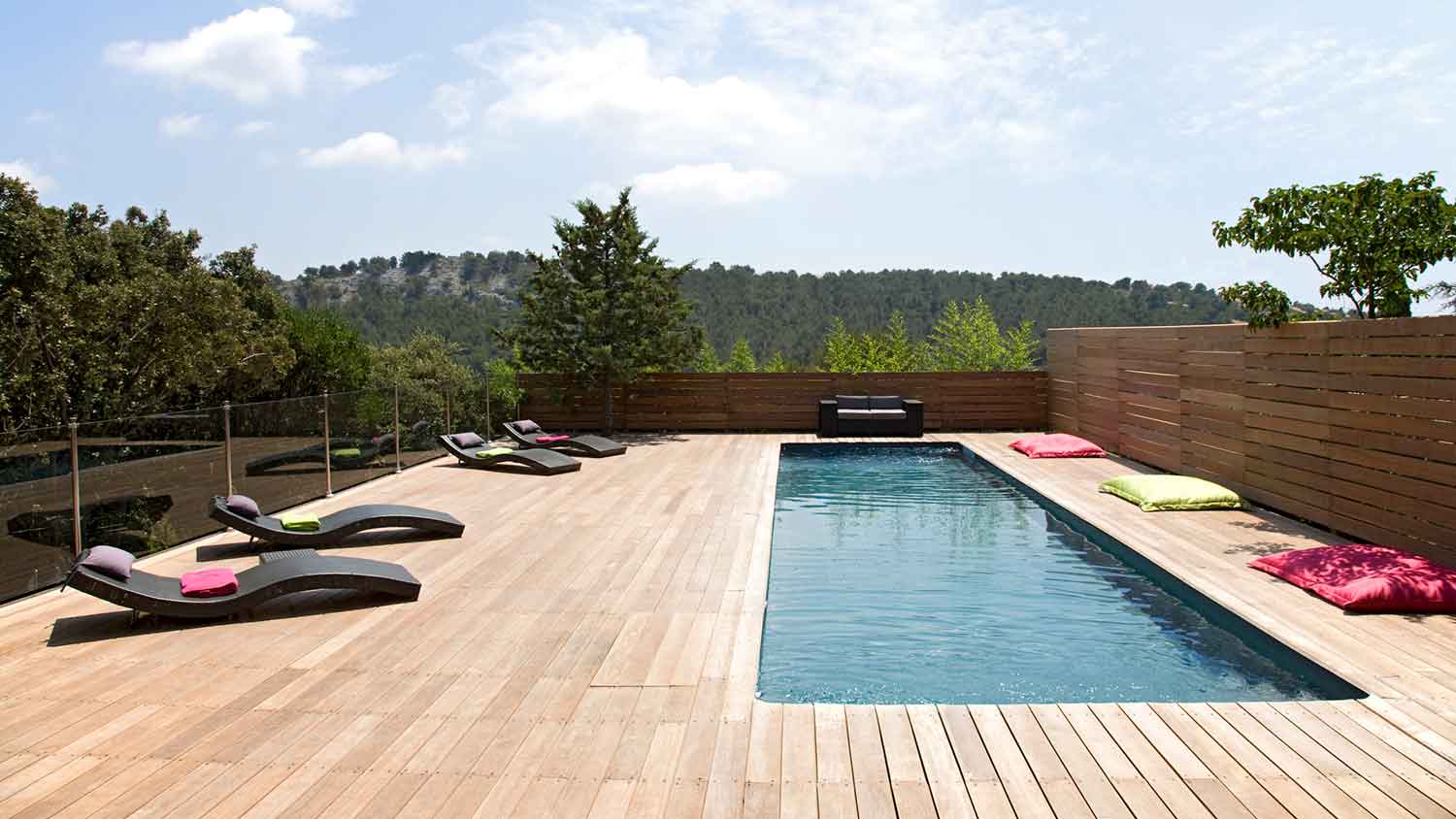 Modern pool deck made with wood