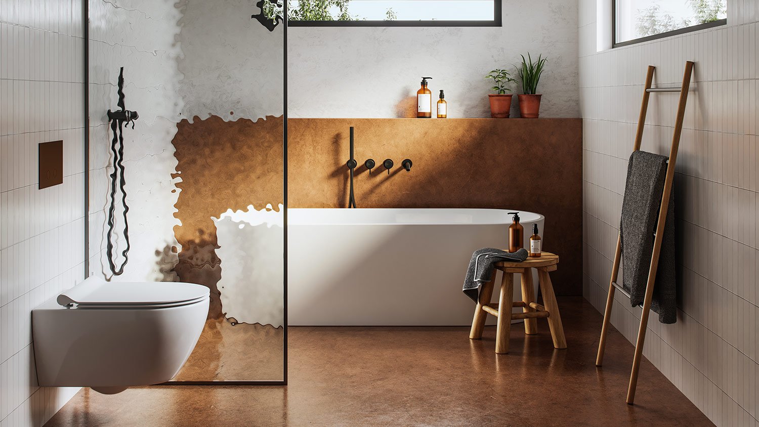 modern bathtub with sandy brown walls