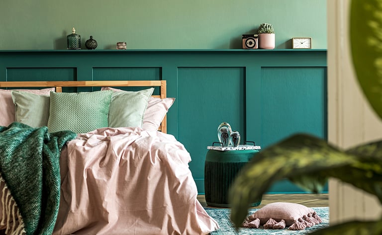 Modern two toned green walls with pink accents