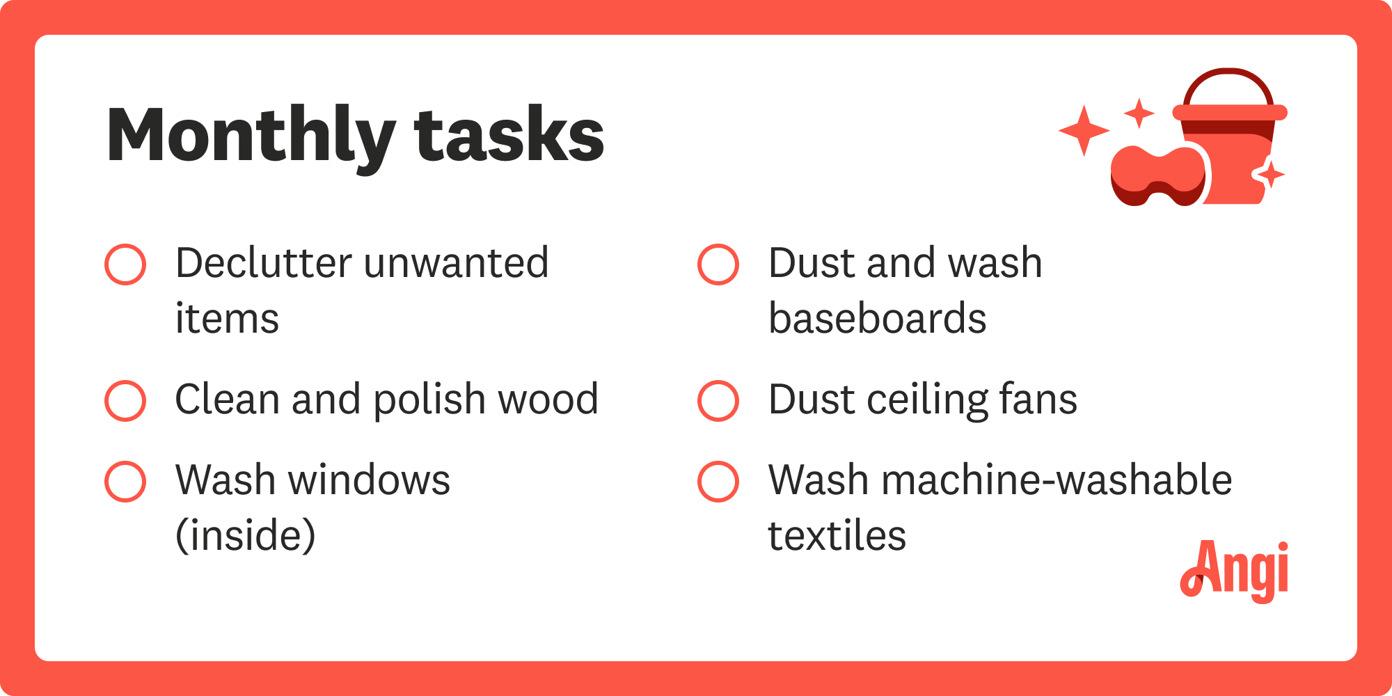 Monthly tasks cleaning checklist, including decluttering unwanted items and dusting and washing baseboards