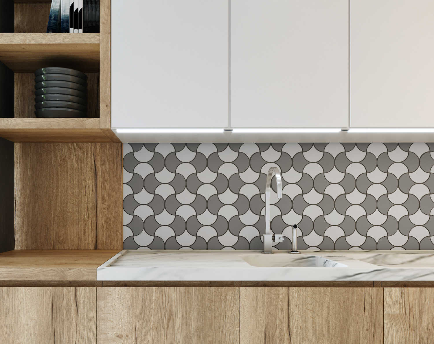 White and natural wood kitchen with a mosaic backsplash